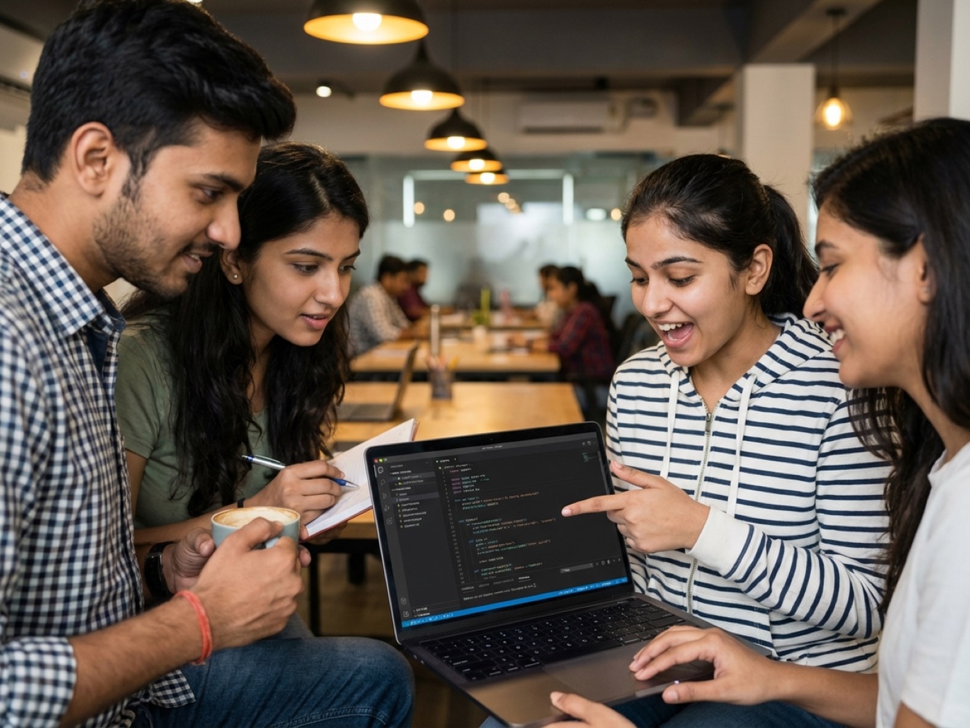 Hands-on learning environment at RocketOne with people working together around laptops