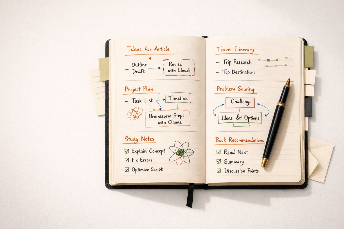 Open notebook showing structured notes and practical ways Claude can support planning, study, and problem solving
